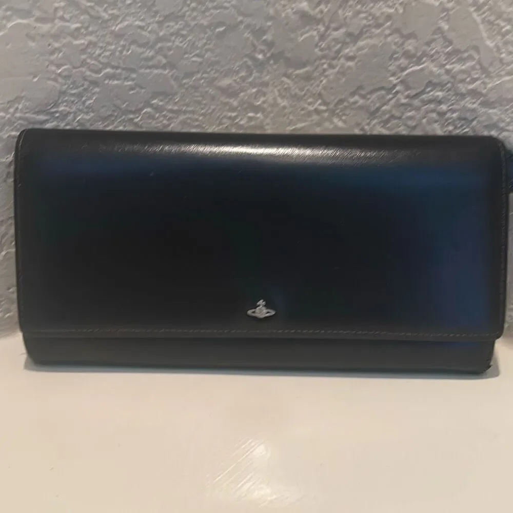 Vivienne Westwood Long Wallet Black Leather Silver Orb Logo Multicompartment